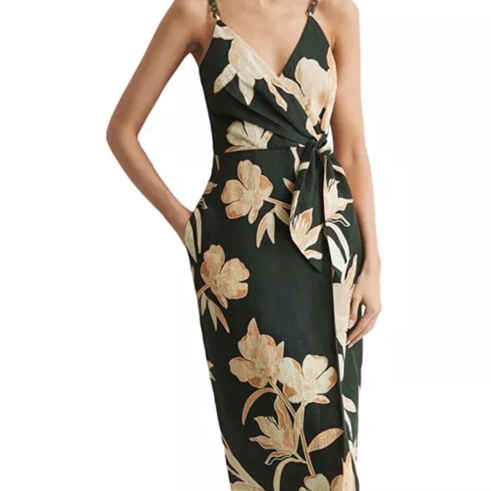 Reiss Alice Dark Green Floral Tie-Waist Midi Dress